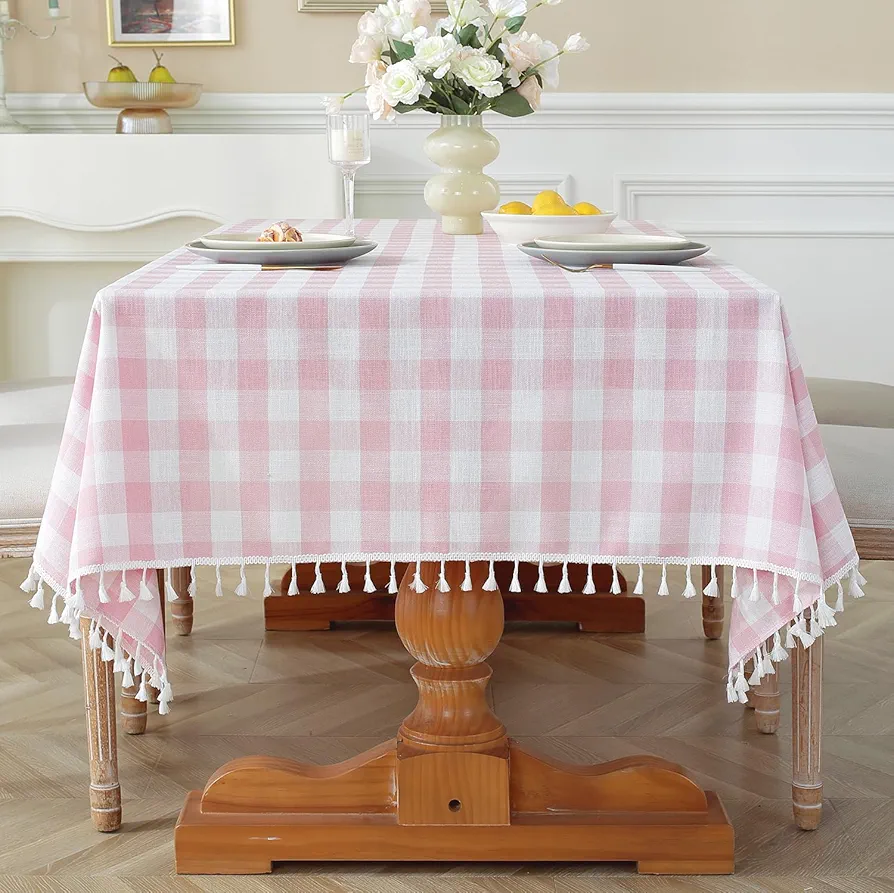 Laolitou Pink Checkered Tablecloth Rectangle Washable Buffalo Plaid Valentines Day Table Cloth with Tassel Cotton Linen Gingham Table Cover for Dining Room, Pink, Rectangle, 55''x70'', 4-6 Seats