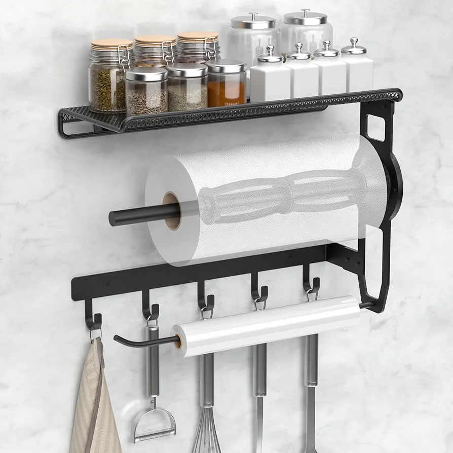 Paper Towel Holder - 4 in 1 Wall Mount Kitchen Paper Rack with Shelf, Towel Holder & Hooks, Easy Tear Paper Roll Holder with Two Fixing Tubes Suitable for Kitchen, Bathroom, Garage & Tool Room