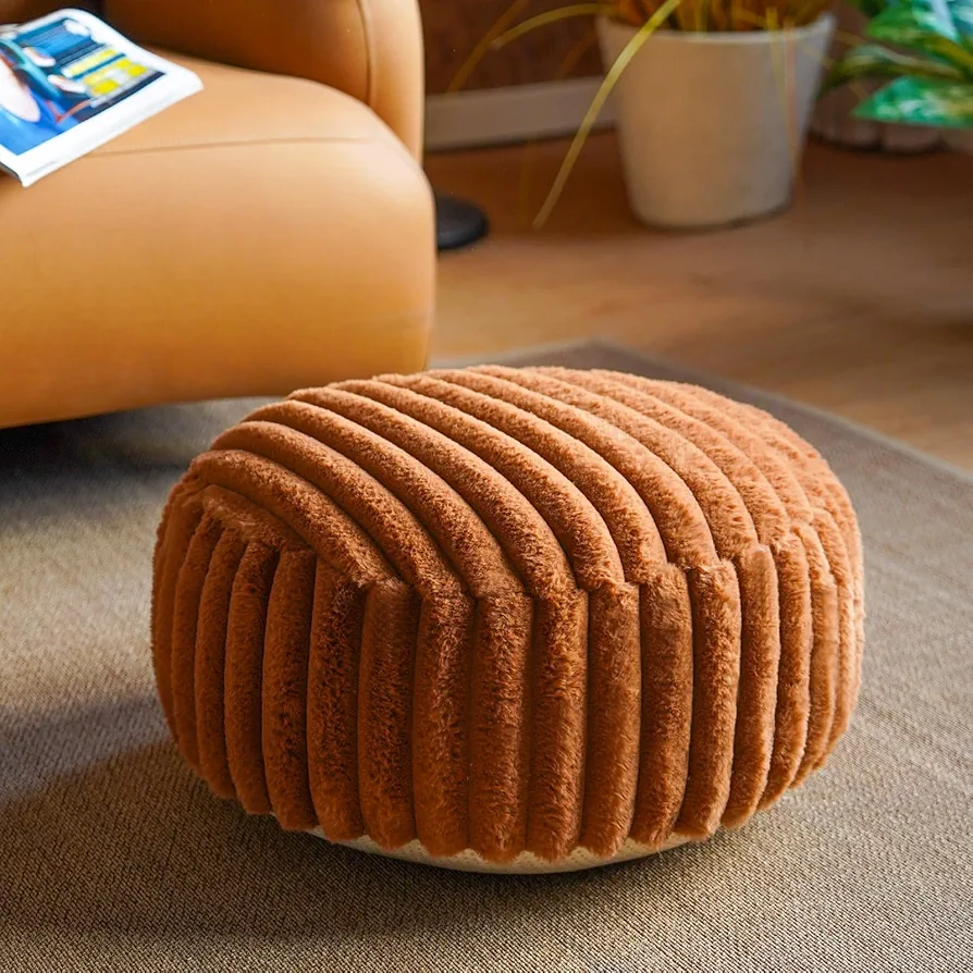 Unstuffed Pouf Ottoman Soft Bean Bag Storage Pouf Cover 20x20x8 Inches Decorative Floor Footrest for Living Room Bedroom Outdoor (Round, Caramel)