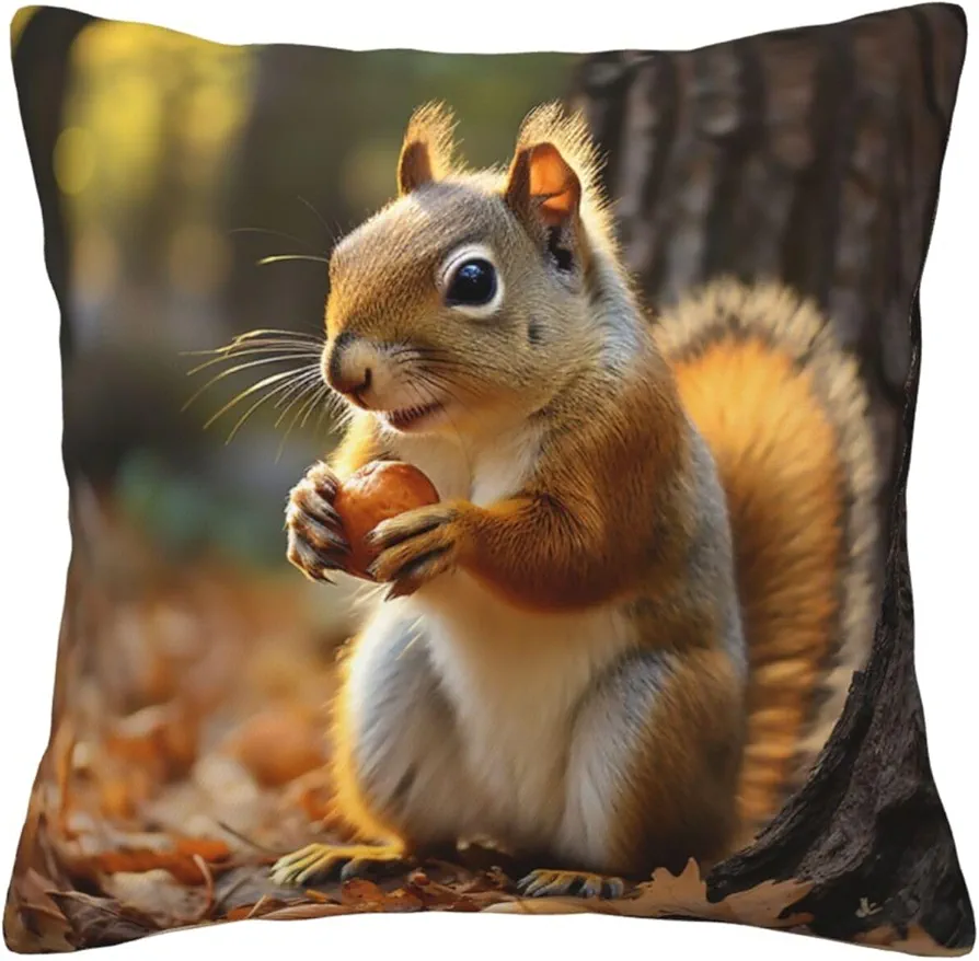 Cute Squirrel Eating Nuts Print Throw Pillow Cover Soft Decorative Pillowcase 12"X12" Modern Square Pillow Cases Double Sided Cushion Cover Case for Living Room Bedroom Sofa Home Decor