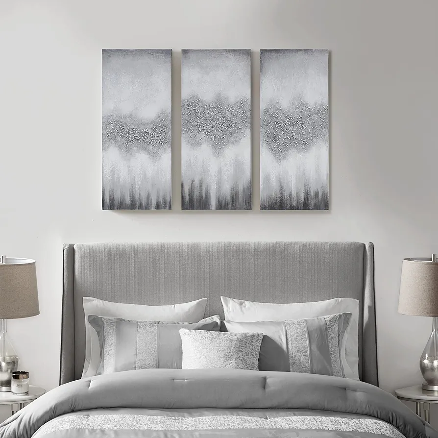 Madison Park Wall Art Living Room Décor - Embellished Hand Painted Canvas, Home Accent Glitter Abstract Bathroom Decoration Ready to Hang Painting for Bedroom, 15" W x 35" H x 1.5" D, Grey 3 Piece