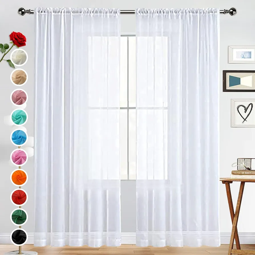 SpaceDresser Basic Rod Pocket Sheer Voile Window Curtain Panels White 1 Pair 2 Panels 52 Width 84 Inch Long for Kitchen Bedroom Children Living Room Yard(White,52 W x 84 L)