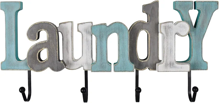 Wooden Laundry Sign with Hooks Decorative Hanging Word Signs Cutout Block Letters Laundry Letter Signs Wall Decor for Bathroom Laundry Room Home Decor (Aqua)