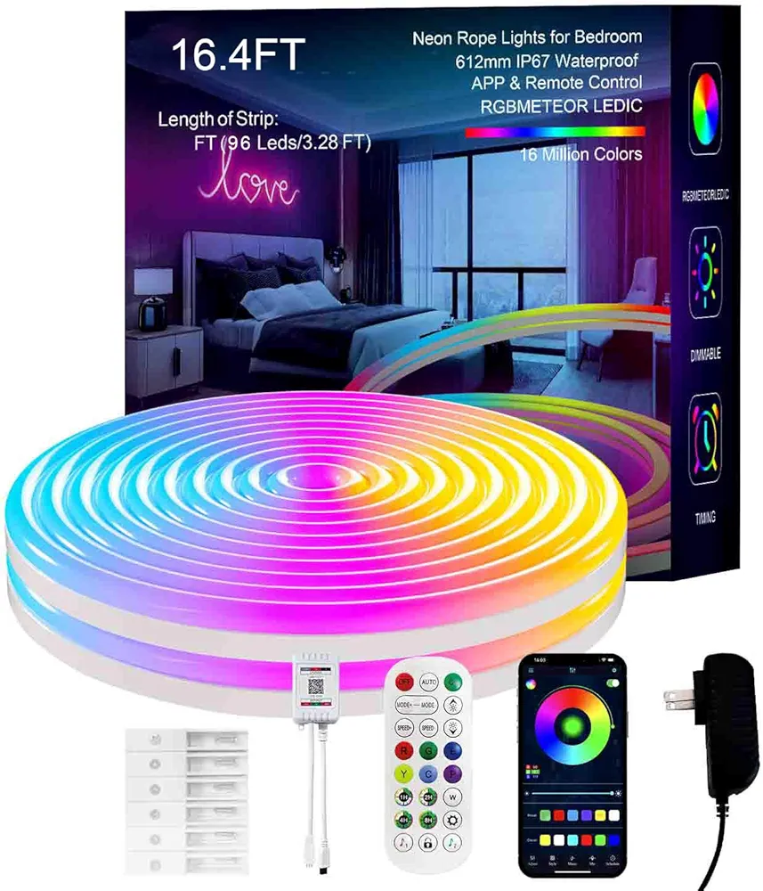 IC+RGB Neon Rope Lights,16.4FT LED Strip Light,Outdoor IP67 Waterproof,Music Sync,DIY Design,Softer Material,Neon Lights for Gaming Room Living Bedroom Wall Decor