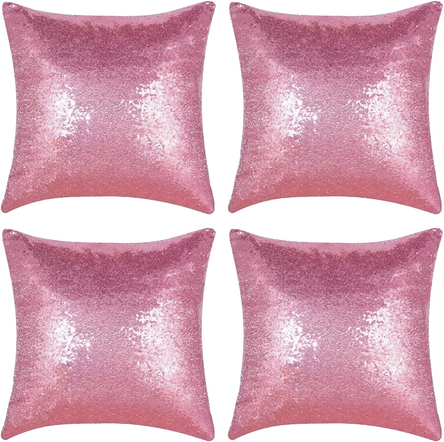 Pink Sequin Pillow Covers Square Glitter Pillow Cases Decorative Sparkling Throw Pillow Covers Cushion Case for Bed Sofa Bedroom Living Room Valentine's Day Wedding Home Decor (18"x18",4 Pack)