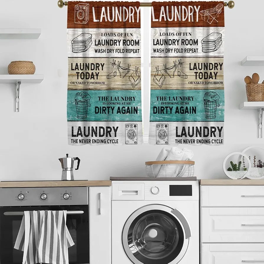 Laundry Kitchen Window Curtain Rustic Wash Dry Quotes Words Wooden Teal Brown Funny Fun Small Short 27.5" W x 45" L Curtains Set for Bedroom Living Room Bathroom 2 Panels Rod Pocket Drapes