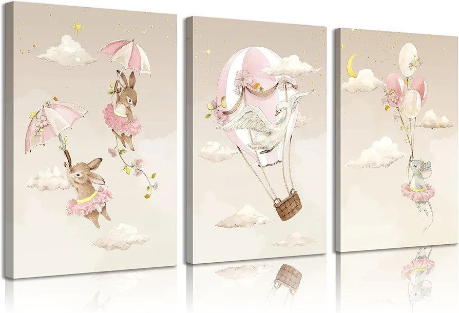 3Pcs Framed girls nursery Canvas Wall Art Pink Girl Room Wall Decoration Pictures Baby Animals With Balloons Swan Bunnies Mouse Printeds Posters Paintings for Baby Girl Girls Room Decorate（12x16in）