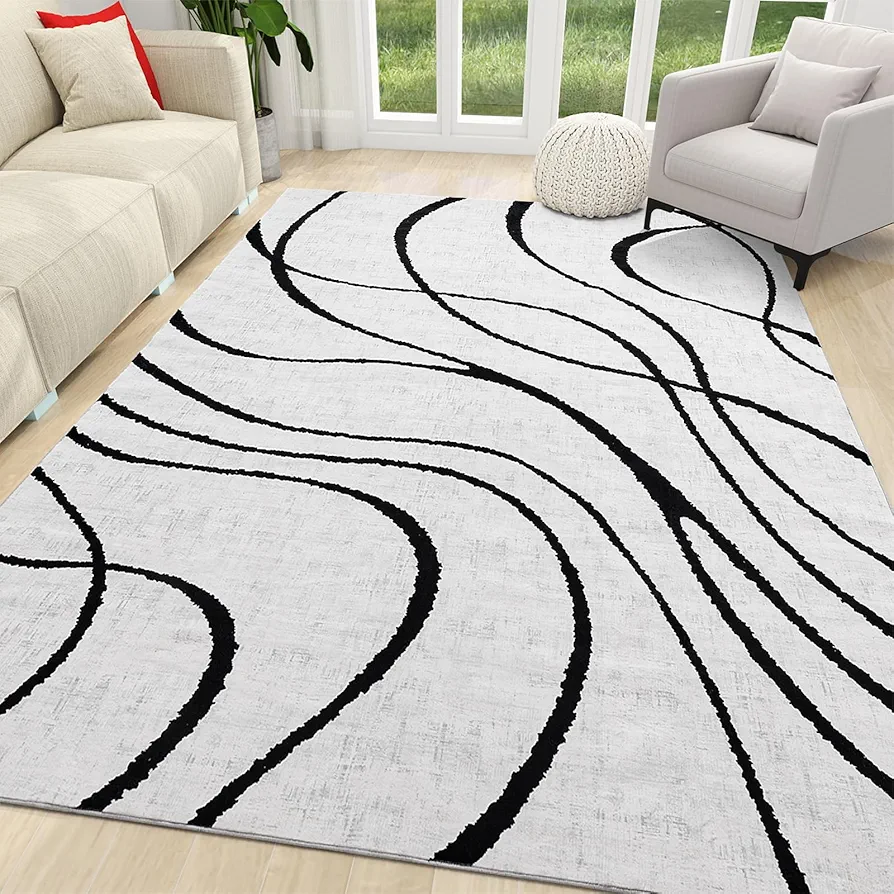 YIHOUSE Modern Abstract Washable Rugs 6x9, Non Slip Soft Black and White Rug, Geometric Minimalist Striped Rug, Stain Resistant Area Rug for Living Room,Bedroom,Kitchen,Dining Room,Office