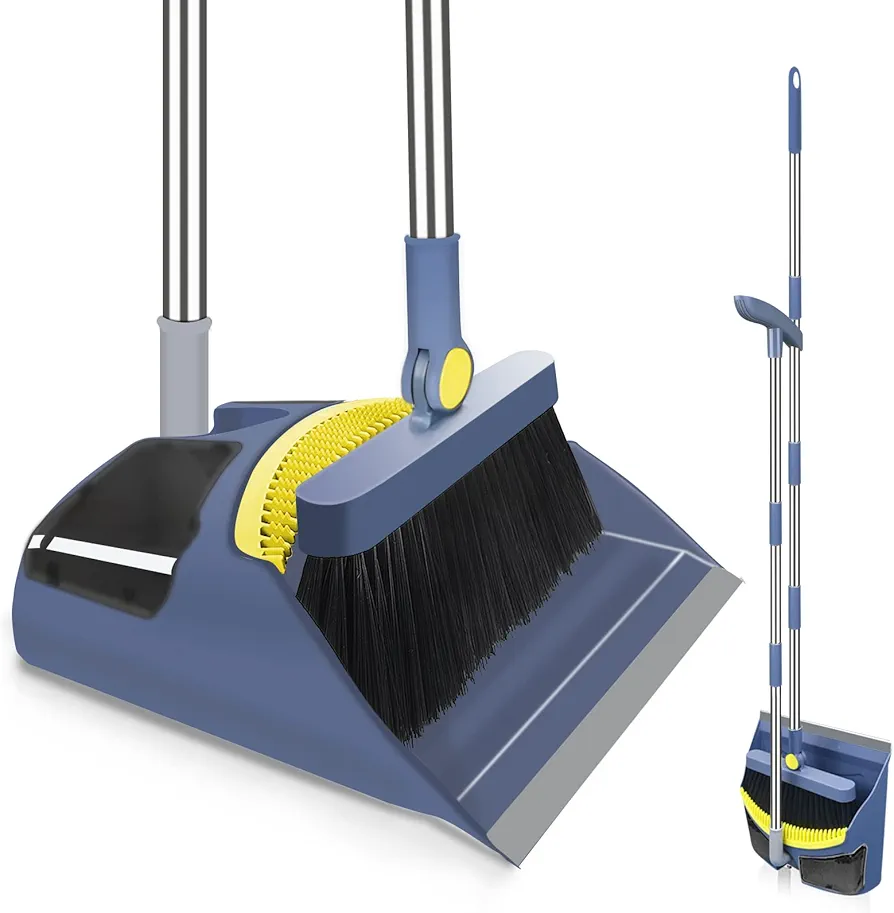 Broom and Dustpan Set for Home with Long Handle, 55" Broom with Dustpan Combo Set, Upright and Lightweight Dust pan and Brush Combo for Kitchen Room Office Lobby Floor Cleaning