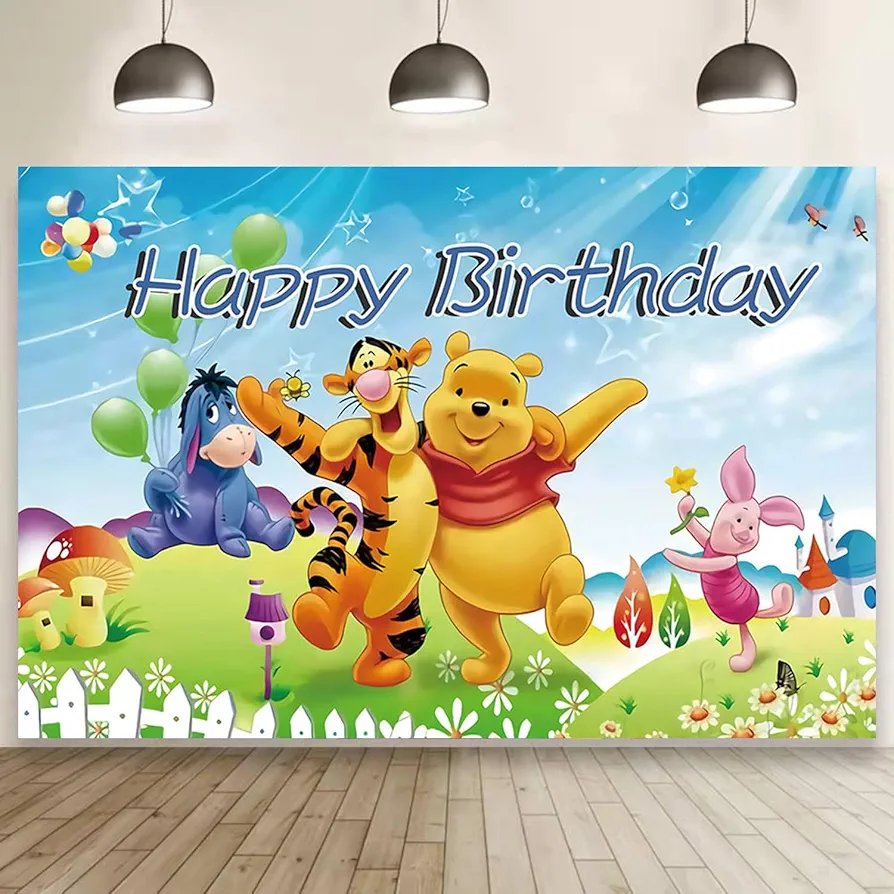 Cartoon Pooh Birthday Party Supplies Backdrop, Pooh Bear Banner Party Decorations Living Room Tapestry for Bedroom Photography Background (TA-WEINI 2403)