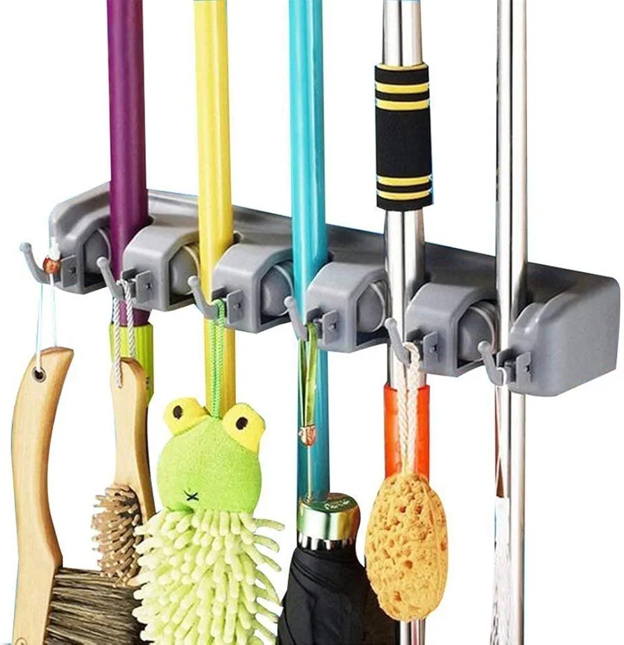 Mop and Broom Holder, Multipurpose Wall Mounted Heavy Duty Tool Organizer Storage Hooks,Ideal Broom Hanger for Kitchen Garden and Garage laundry room,5 Position with 6 Hooks