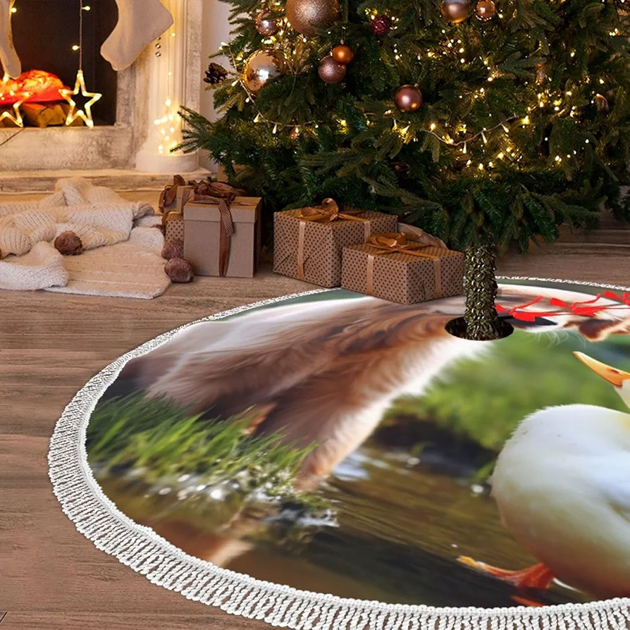 Christmas Tree Skirt with Tassel Dog and a Duck 48" Xmas Tree Skirts Tassel Tree Mat Ornament for Home Indoor Outdoor Room Holiday Decoration