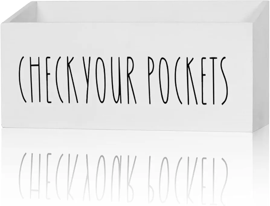 Pocket Treasures Holder, Laundry Room Organization, Magnetic Laundry Money Coin Caddy, Farmhouse Check Your Pockets Sign Bin Box Wall Mount, Laundry Storage Organizer Decor Container (White)