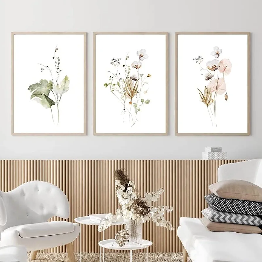 Watercolor Flowers Botanical Leaf Wall Art Minimalist Plants Decor Wall Art Set Modern Framed Wall Art Canvas 3 Piece Wall Art for Living Room Bedroom with Inner Frame