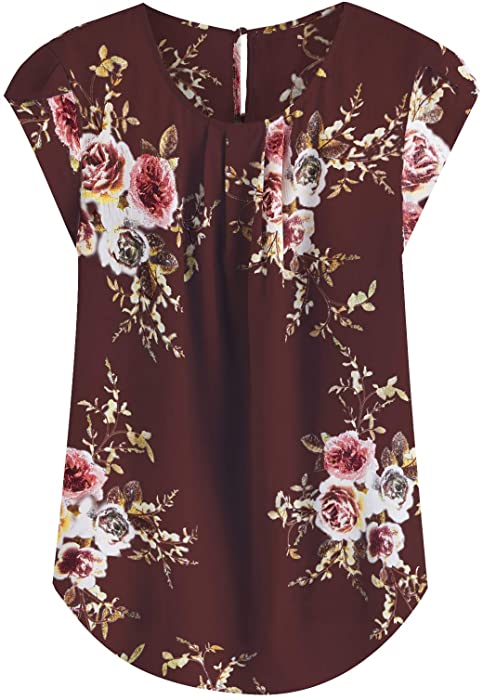 Milumia Women's Elegant Floral Print Petal Cap Sleeve Pleated Vacation Office Work Blouse Top