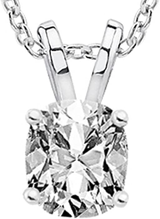 1 Carat 14K White Gold Cushion Diamond Solitaire Pendant Necklace K Color I2 Clarity w/ 18" Silver Chain