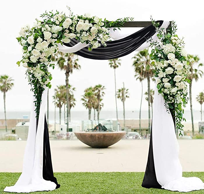 ShinyBeauty Wedding Arch Draping Fabric Black & White 2 Panels 29" x19FT Long Chiffon Drapes Wedding Archway Sheer Fabric Drapery Chiffon Curtain Drape Wedding Ceremony Reception Swag Decoration