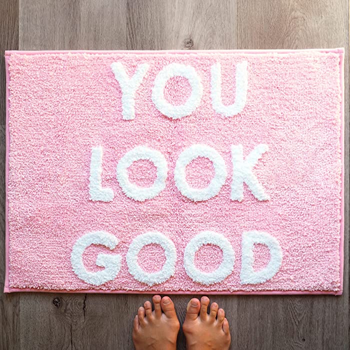 You Look Good Bath Mat Light Pink Blush Cute Bathroom Rugs for Girls Hello Gorgeous Peach Coral Beautiful Funny Shower Fun Bathroom Decor Non-Slip Washable Kids Women