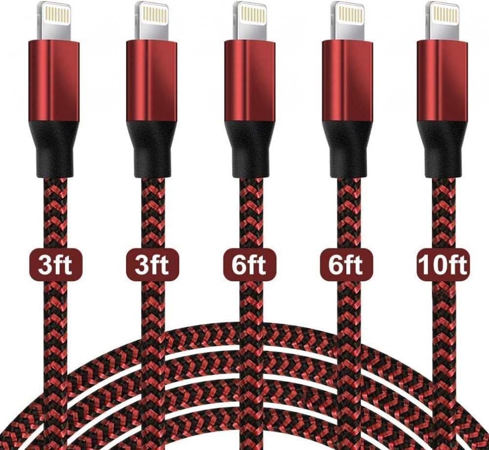 [Apple MFi Certified] 5Pack 3/3/6/6/10 FT iPhone Charger Nylon Braided Fast Charging Lightning Cable Compatible iPhone 13 mini/13/12/11 Pro MAX/XR/XS/8/7/Plus/6S/SE/iPad-Black&Red