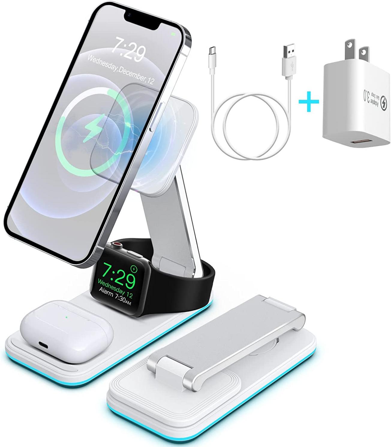 Upgraded Magnetic Wireless Charger 3 in 1, Foldable Wireless Charging Station Fast Charging for iPhone 13/12 Series,Airpods,Iwatch 2/3/4/5/6/7.White