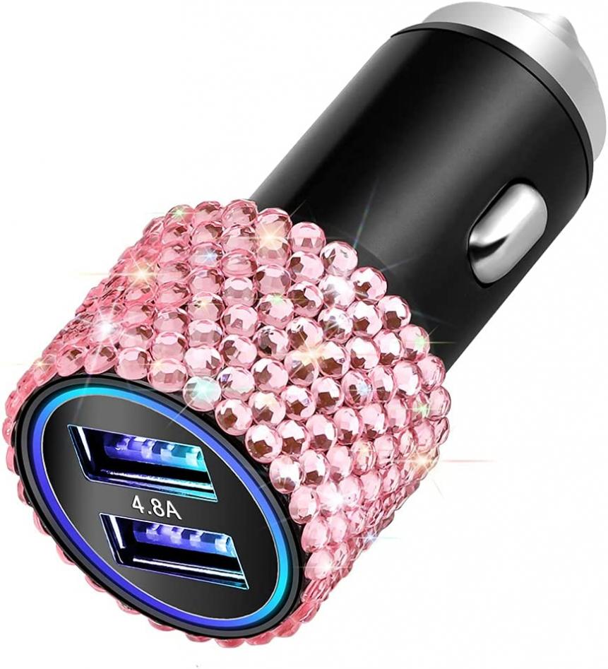 OTOSTAR Dual USB Car Charger, 4.8A Output, Bling Rhinestones Car Decorations Accessories Fast Charging Adapter for iPhones Android iOS, Samsung Galaxy, LG, Nexus, HTC (Pink)