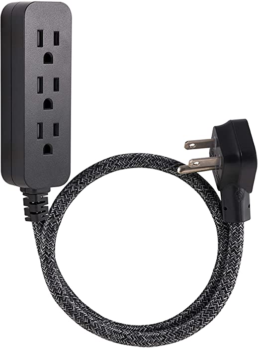 Cordinate Designer 3-Outlet Power Strip, 2 Ft Braided Extension Cord, Grounded Adapter, Low-Profile Flat Plug, UL Listed, Black/Dark Heather, 47298