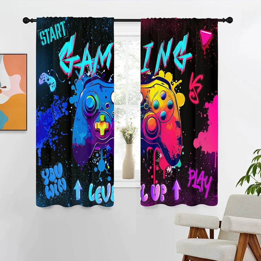 Gaming Curtains 42" W x 63" L Graffiti Gamepad for Gamer Boys Kids Teen Colorful Splashed Ink Cute Game Controller Playroom Living Room Bedroom Window Drapes Treatment Fabric 1 Pair