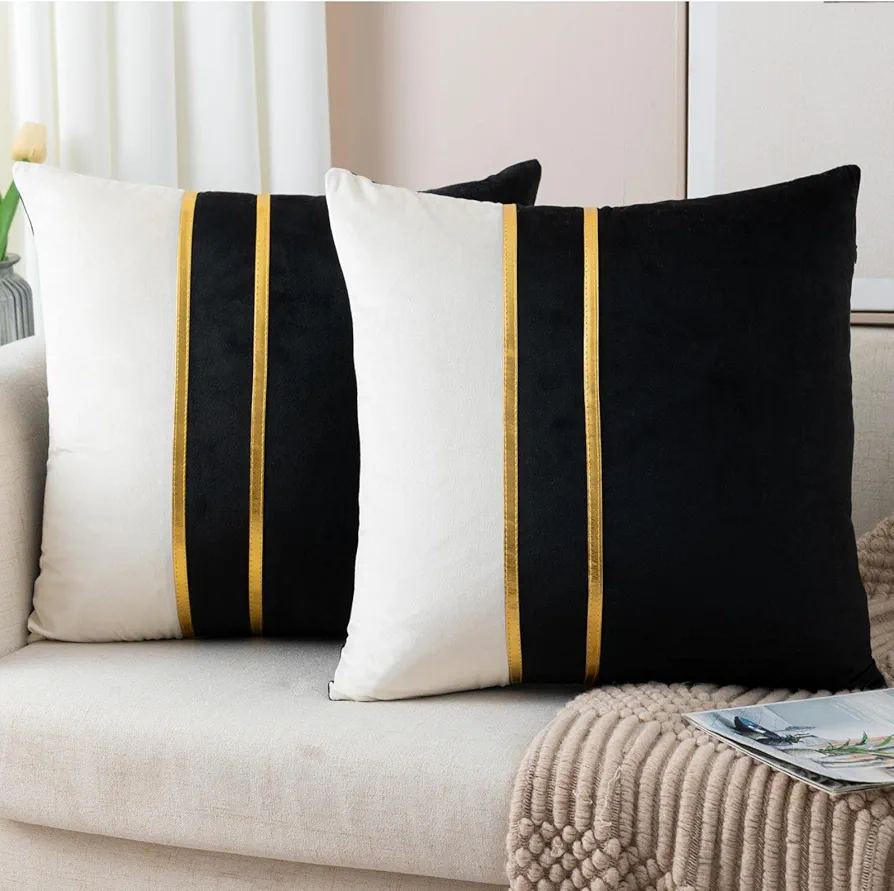 ZLINA Set of 2 Velvet Decorative Throw Pillow Covers Black White Patchwork with Gold Leather Pillow Covers 16 × 16 Inch Cushion Covers Decor Living Room Sofa Bedroom Car