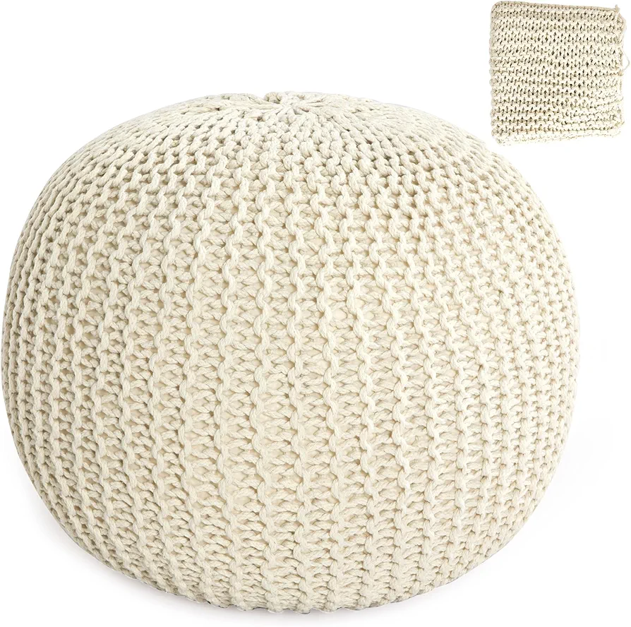 HOMBYS Unstuffed Ottoman Pouf Cover, 100% Cotton Handmade Knitted Ottoman Pouf Cover Round Foot Stool, Floor Bean Bag Chair, Foot Rest with Storage for Living Room Bedroom, Beige(Cover ONLY NO Filler)