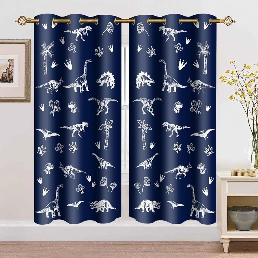 Navy Blue Dinosaur Printed Curtains Cartoon Dinosaur Graffiti Boys Bedroom Blackout Curtains Animal Printing Insulated Curtains Kids Teenage Playroom Living Room Decor 42x63Inch CLZYMS416