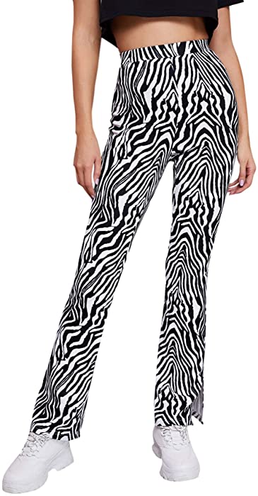 Milumia Women's Zebra Print Fashion Pants Elastic High Waist Slit Hem Casual Pants