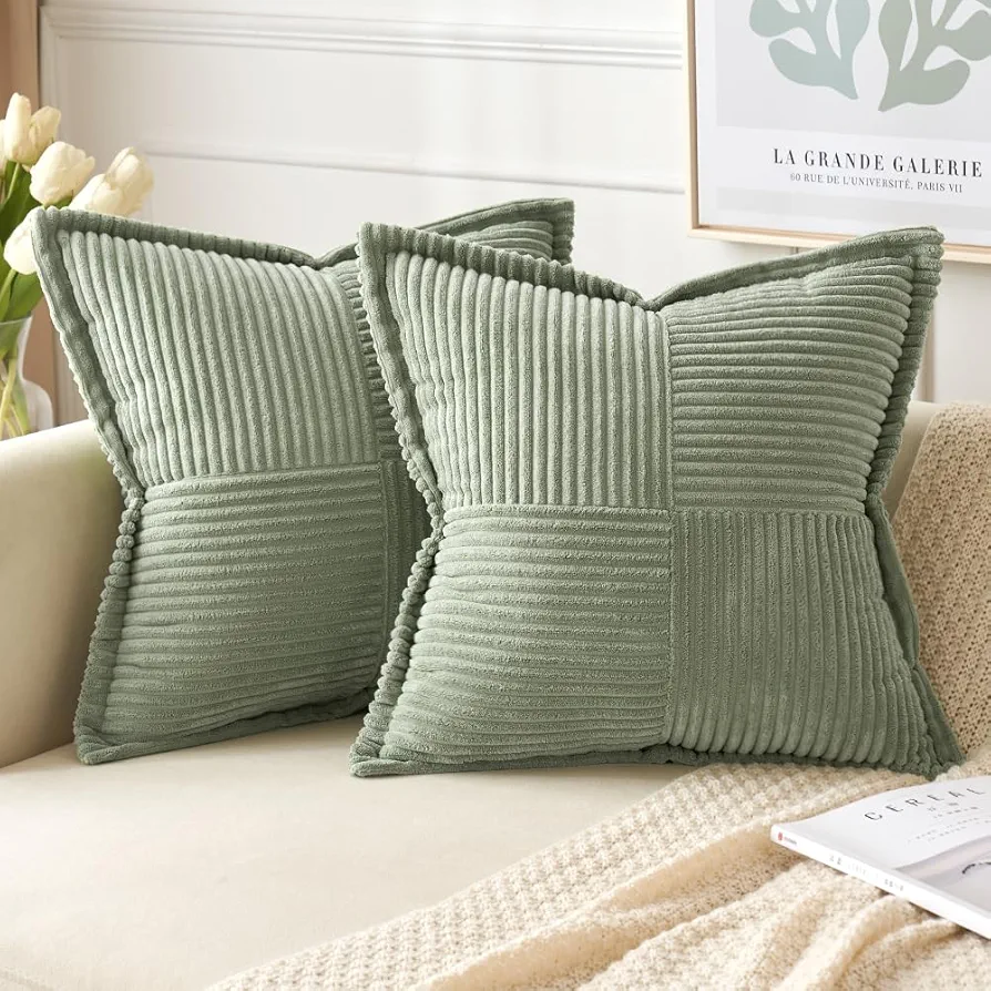 Pack of 2 Sage Green Corduroy Decorative Throw Pillow Covers with Splicing 18x18 Inch Luxurious Textured Boho Striped Pillow Covers Broadside Throw Pillows for Couch Sofa Living Room Decor