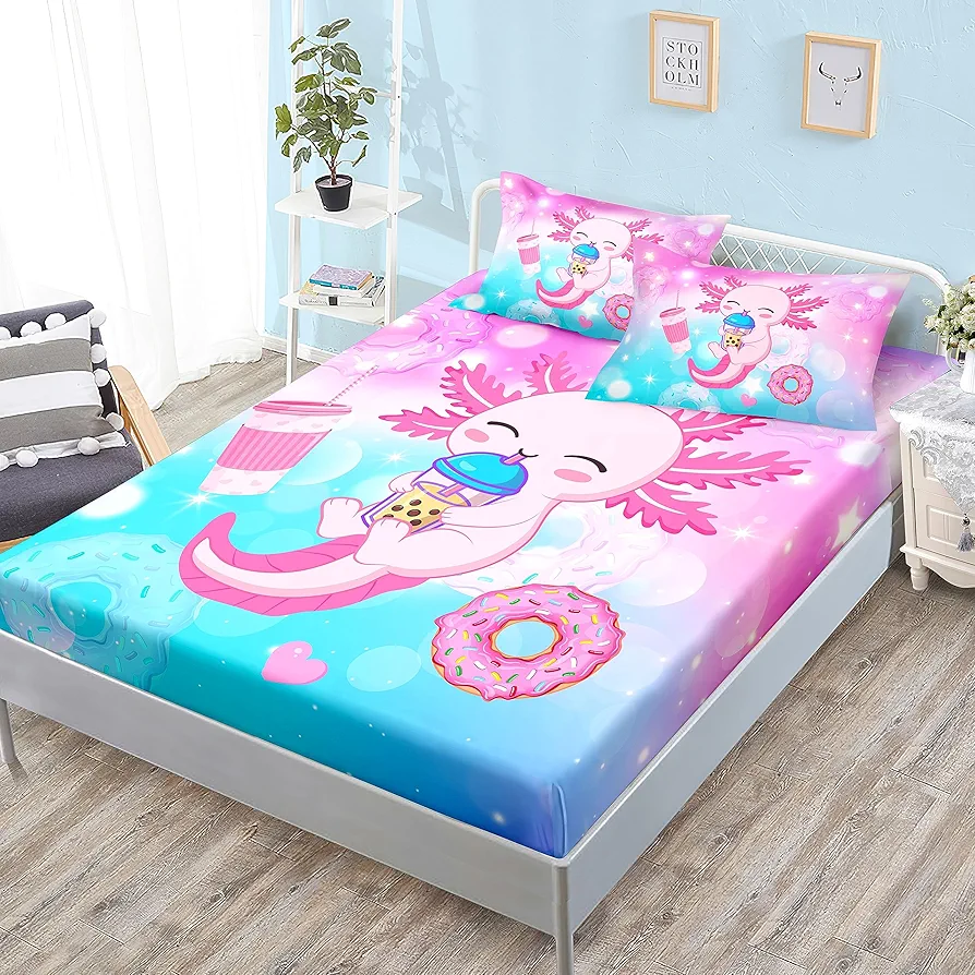 HOSIMA Axolotl Fitted Sheet Cute Animal Bedding Set Toddler Room Decor for Girls Dessert Milk Tea Donut Bed Fitted Sheet Fantasy Blue Purple Twin Bed in A Bag Sets for Adults Teens.