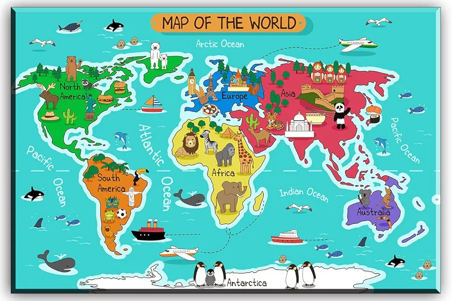 SZ HD Painting World Map Canvas Wall Art for Kids Room, Typical Animals on Continent Map of The World Canvas Prints for Children Education, Ready to Hang, 1" Deep, Waterproof