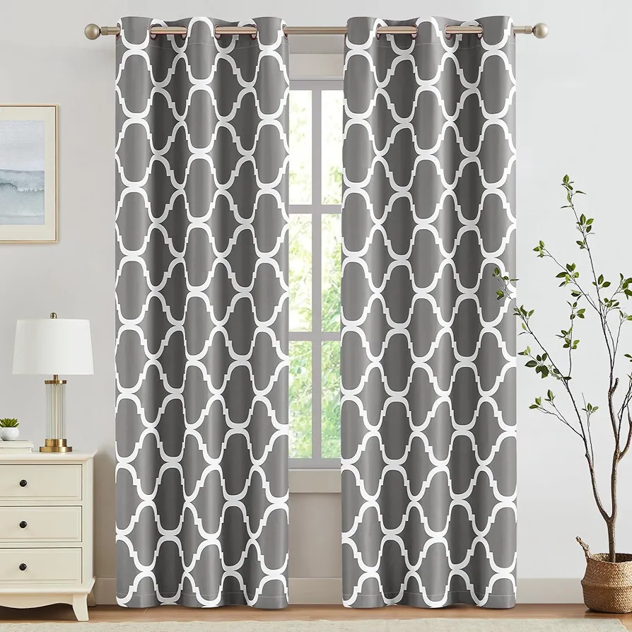 Melodieux Moroccan Fashion Thermal Insulated Room Darkening Blackout Grommet Curtains for Living Room, 42 by 96 Inch, Grey (2 Panels)