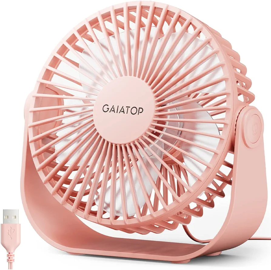 Gaiatop USB Desk Fan, 3 Speeds Portable Small Fan with Strong Airflow, 5.5 Inch Quiet Table Fan, 90° Rotate Personal Cooling Fan For Bedroom Home Office Desktop Travel (Pink)