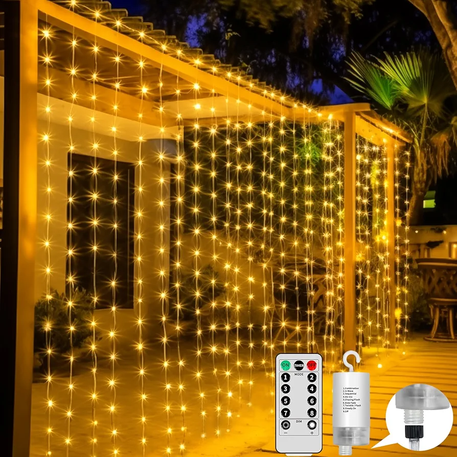 Upgraded 300LED Curtain Lights Battery Operated Outdoor Waterproof, 10ftx10ft Twinkle Hanging Waterfall Lights with Remote Control, 8 Mode Dimmable String Fairy Lights for Bedroom Porch Gazebo Warm