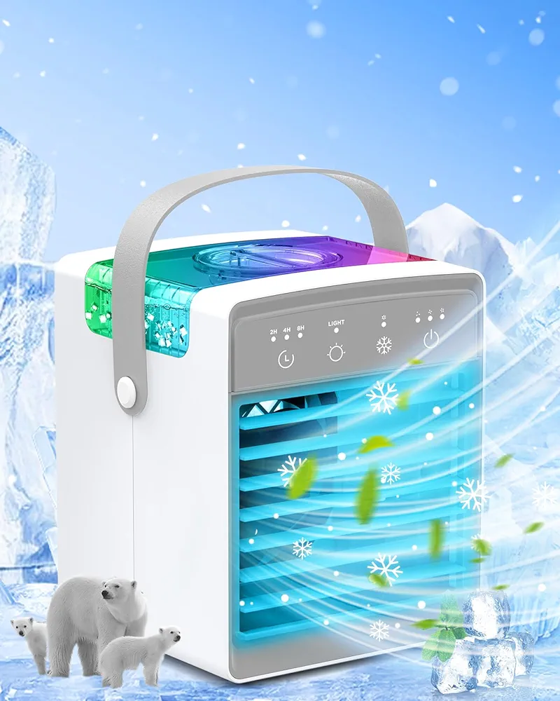 Portable Air Conditioners, 3 Wind Speeds & 7 LED Lights Evaporative Personal Air Cooler, 4 in 1 Portable AC with 300ml Large Water Tank, Mini Air Conditioner for Bedroom/Car/Home/Camping/Room