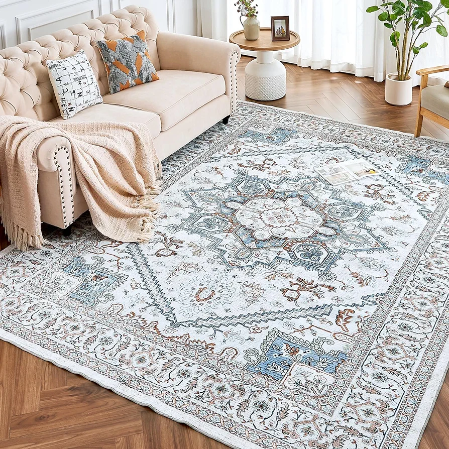 ROCYJULIN 9x12 Area Rugs for Living Room, Area Rugs 9x12 for Bedroom, Low-Pile 9x12 Area Rugs with Non-slip TPR Backing, 9 x 12 Large Washable Carpet for High Traffic, Grey & Blue