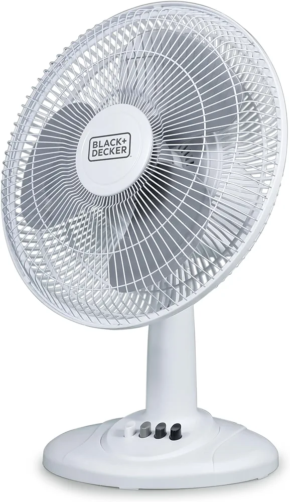 BLACK+DECKER Desk Fan for Home and Office, 12” Fan with 3 Speed Settings, Oscillating Portable Fan for Office Desk, Table Top and Kitchen Table with Adjustable Tilt, White