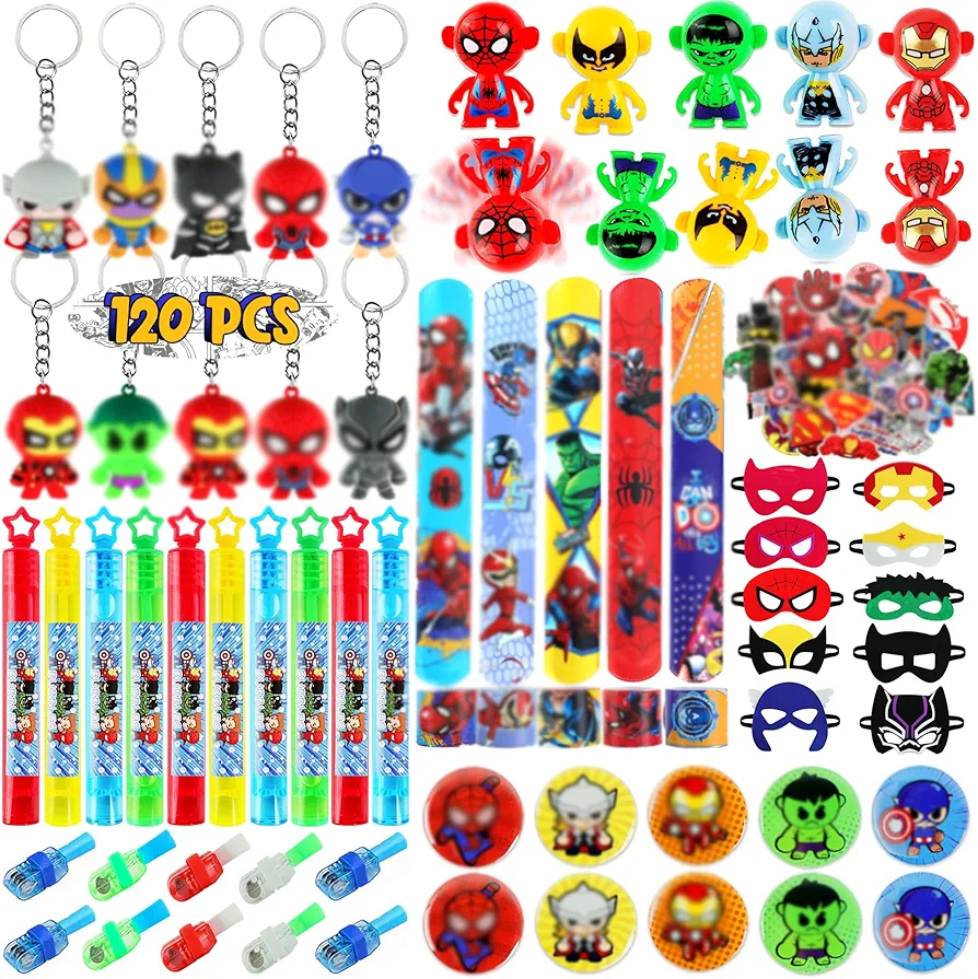 120Pcs Party Favors Gift Birthday Decoration Supplies, Goodie Bags Stuffer- Badges, Tumblers, Slap Wristbands, Bubbles, 50 Stickers, Masks, Keychains for Classroom Rewards Carnival Prizes Celebrations