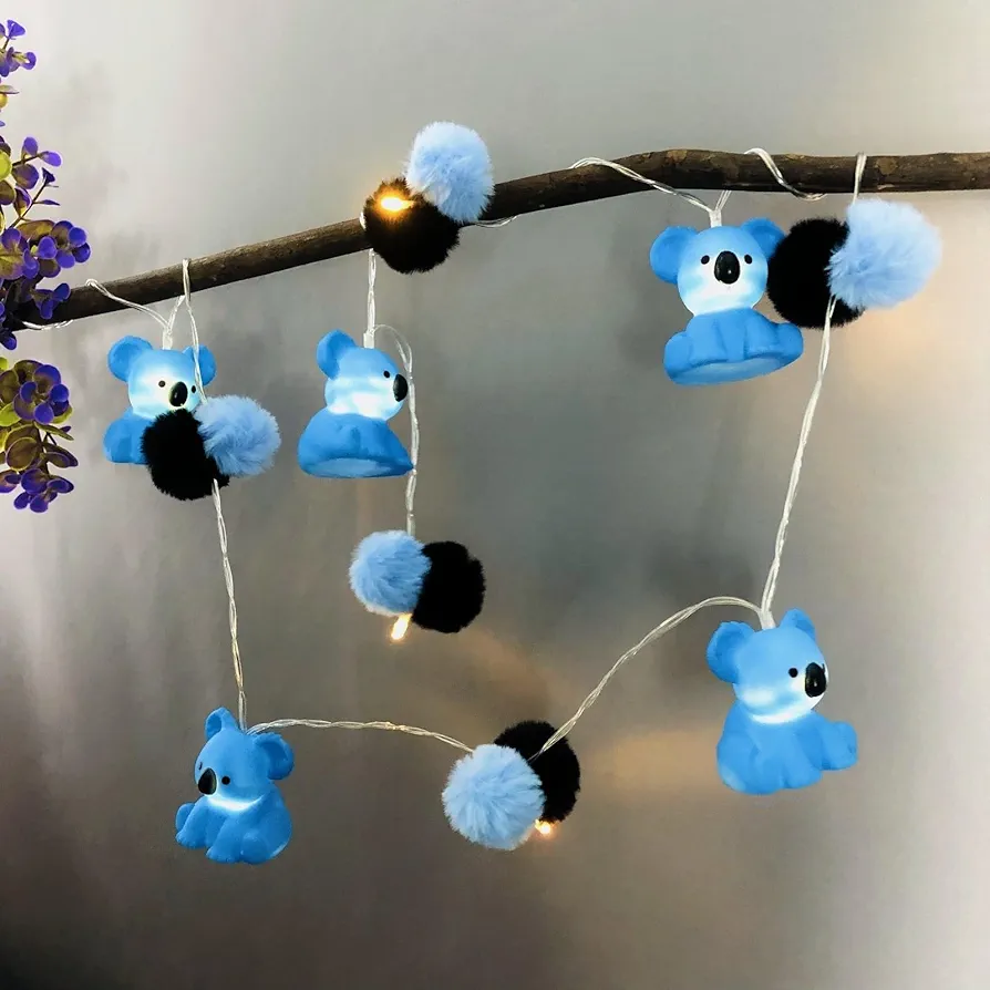 Colorful Pom Poms Fairy Light, 3D Pompoms and Koalas Lamp, Battery Powered, with Timer Function for Children‘s Room Birthday Christmas Decoration (1.65m/10led, Blue Koala)