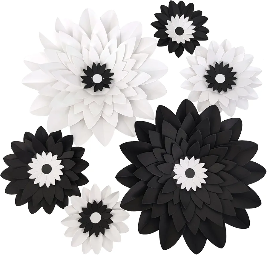 Mybbshower Black White Paper Flower for Wall (11''-7'' Assorted) DIY Floral Party Backdrop Nursery Room Baby Shower Girls Birthday New Year Party Photo Backdrop Pack of 6