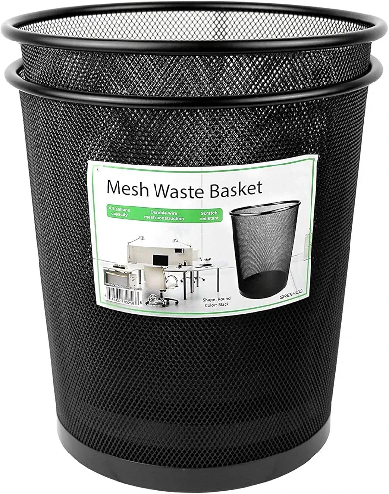 Greenco Small Trash Cans for Home or Office, 2-Pack, 4.5 Gallon Black Mesh Round Trash Cans - Desk Trash Can - Lightweight, Sturdy for Under Desk, Kitchen, Bedroom, Den, Dorm Room, or Recycling Can