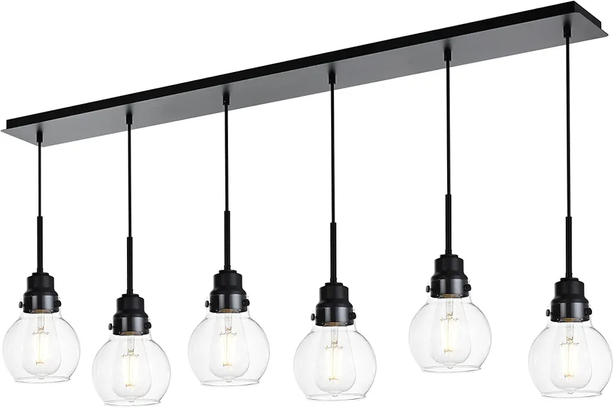 VINLUZ 6 Light Adjustable Kitchen Island Lights in Black Finish Rustic Farmhouse Pendant Light with Clear Glass Shade Hanging Chandelier Dining Room Ceiling Lighting for Cafe Bar