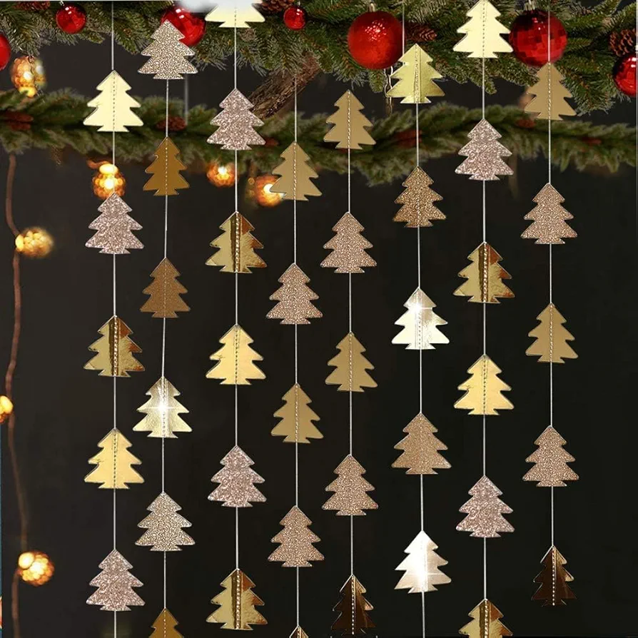 Cheerland Champagne Tree Shaped Garland for Christmas Home Party Decoration Hanging Streamer Backdrop Glitter Xmas Tree Garland Gold Decor for Living Room Mantle Window Doorway Shop Classroom Woodland