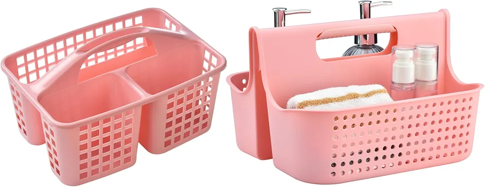 ALINK Portable Plastic Shower Caddy Basket, Large Cleaning Supply Caddy Organizer Storage Tote with Handle for Bathroom, College, Self, Cabinet, Dorm Room Essentials - Pink