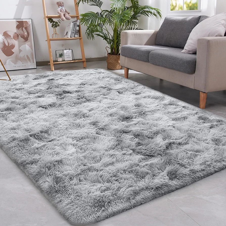 Super Soft Fluffy Rug for Living Room, 5x8 Large Gray Shag Fuzzy Plush Area Carpets, Anti-Skid Furry Faux Fur Shaggy Rug, Rectangular Rug for Bedroom Home Decor, Light Grey