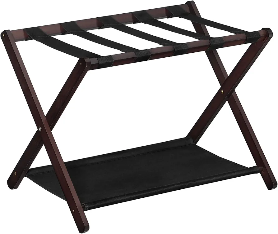 HOOBRO Luggage Rack, Folding Luggage Rack, Bamboo Suitcase Stand, with Nylon Straps and Oxford Fabric Shelf, for Guest Room, Hotel, Bedroom, Brown and Black BR07XL01N1