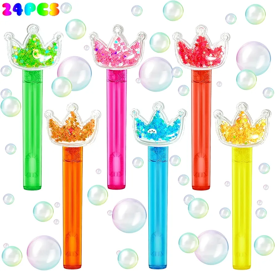 Princess Party Favors,24Pcs Glitter Crown Bubble Wands for Kids,Bling Crown Bubble Wand for Princess Birthday Party Supplies,Classroom Prizes Pinata Goodie Bag Stuffers Gift